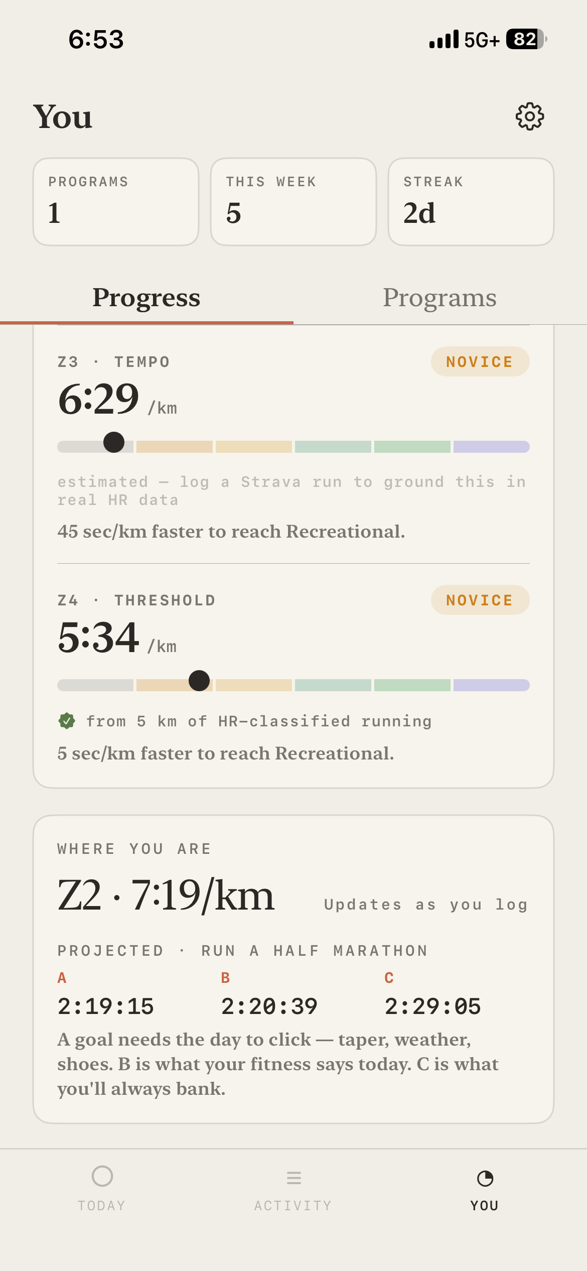 FormBase running view: HR zones, observed pace, race-goal projection.